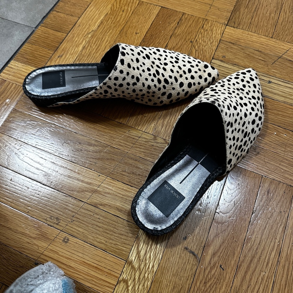 Dolce Vita Cream and Black Flats with Animal Print